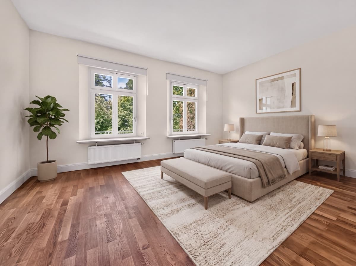 Dasselbe Schlafzimmer, per Homestaging eingerichtet: Bett, Bank, Teppich, Pflanze